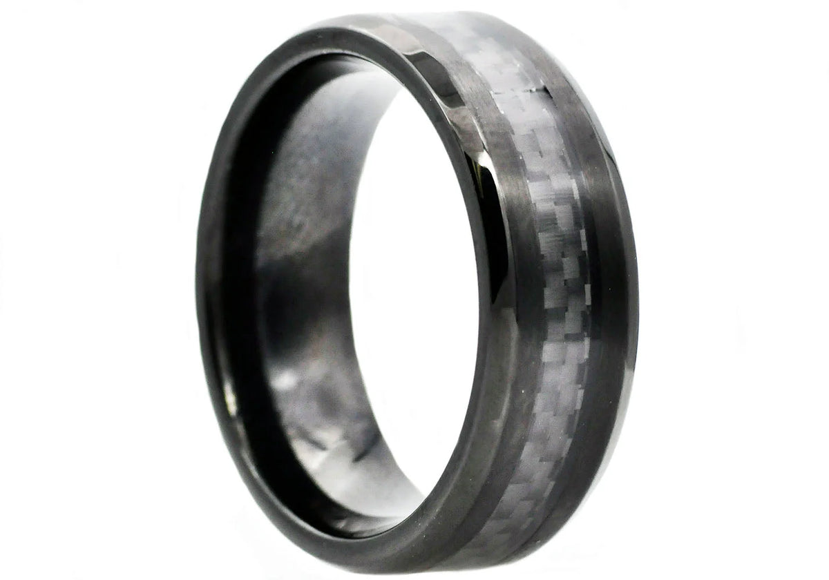 Mens Black Carbon Fiber And Black Stainless Steel 8mm Band Ring