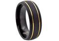 Men's Black & Gold Tungsten Double Etched Stripe Band Ring