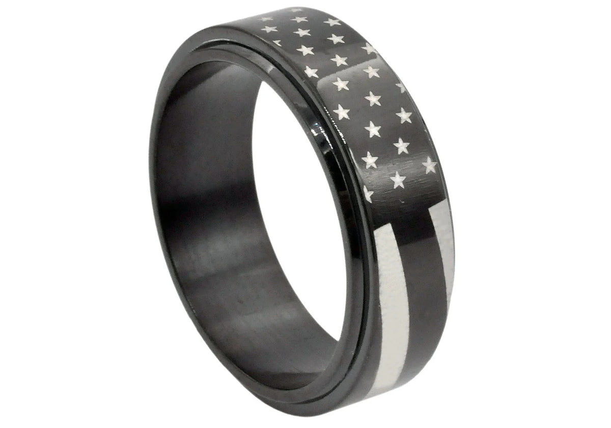 Mens Black Stainless Steel American Flag Spinner Ring