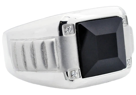 Mens Genuine Onyx And Stainless Steel Ring With Cubic Zirconia