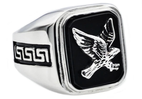Mens Onyx And Stainless Steel Eagle Ring