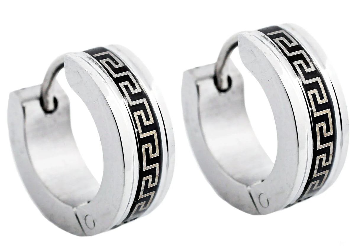 Mens 14mm Black And Stainless Steel Greek Key Hoop Earrings