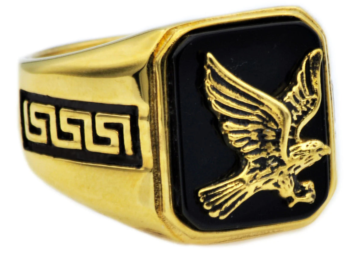 Mens Onyx And Gold Stainless Steel Eagle Ring