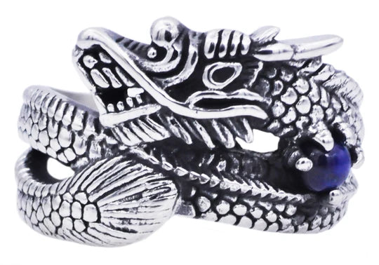 Mens Genuine Blue Tiger Eye Stainless Steel Dragon Ring