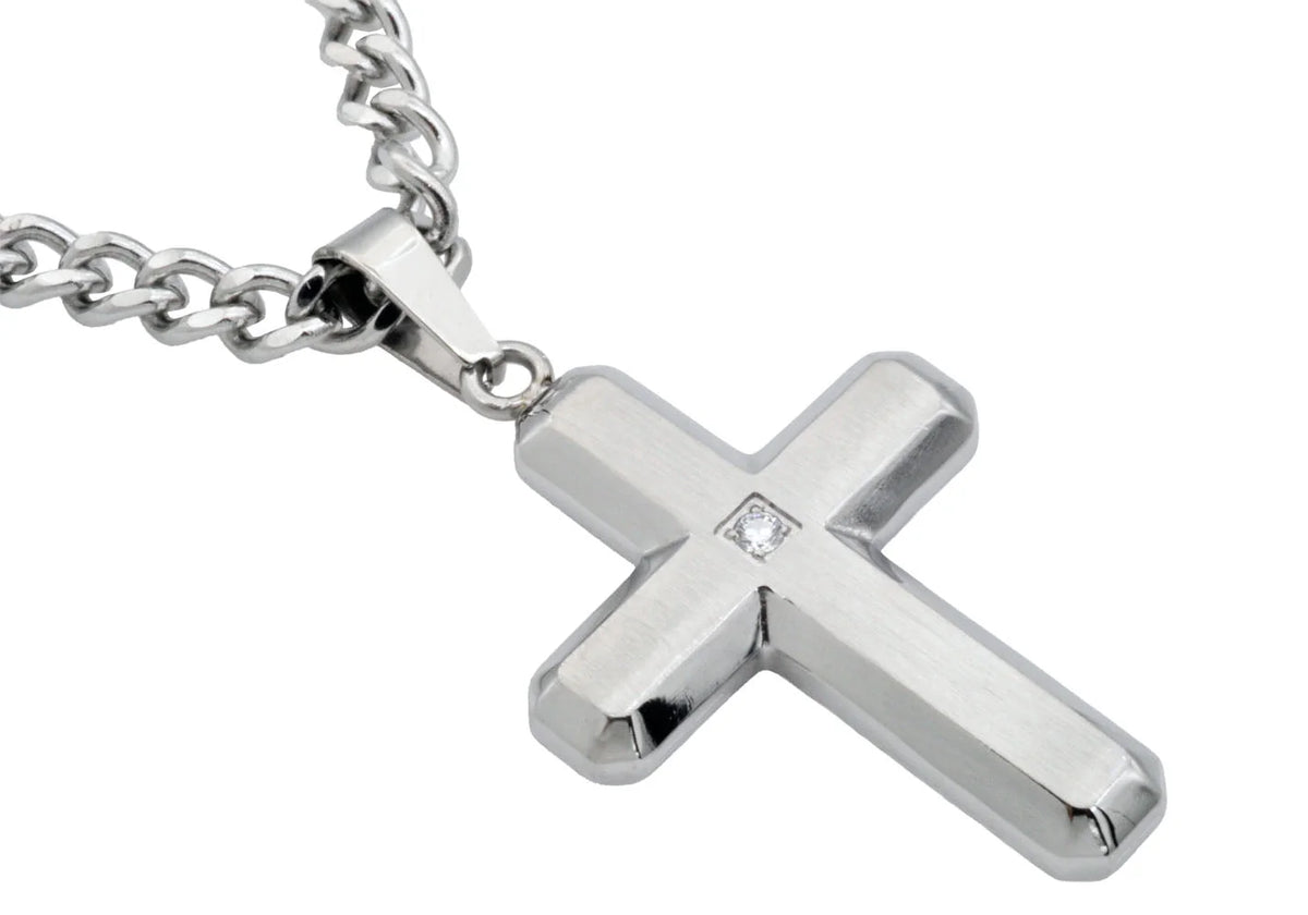 Mens Stainless Steel Cross Pendant Necklace With Cubic Zirconia