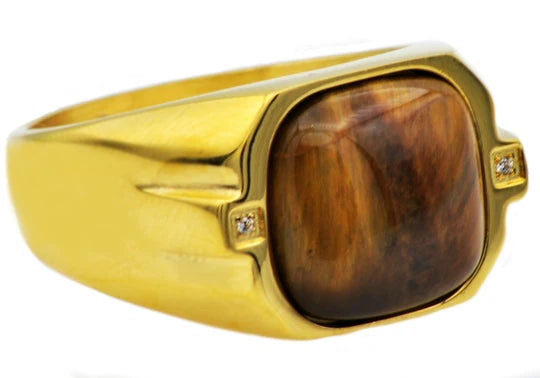 Mens Genuine Tiger Eye Gold Stainless Steel Ring With Cubic Zirconia