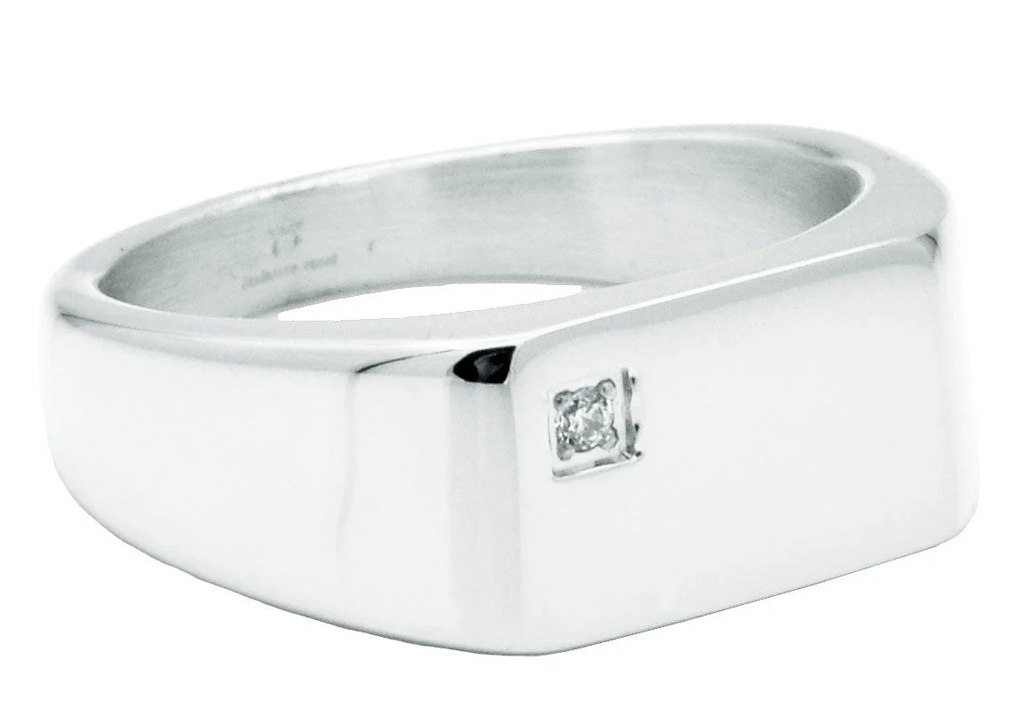 Mens Stainless Steel Signet Ring With Cubic Zirconia