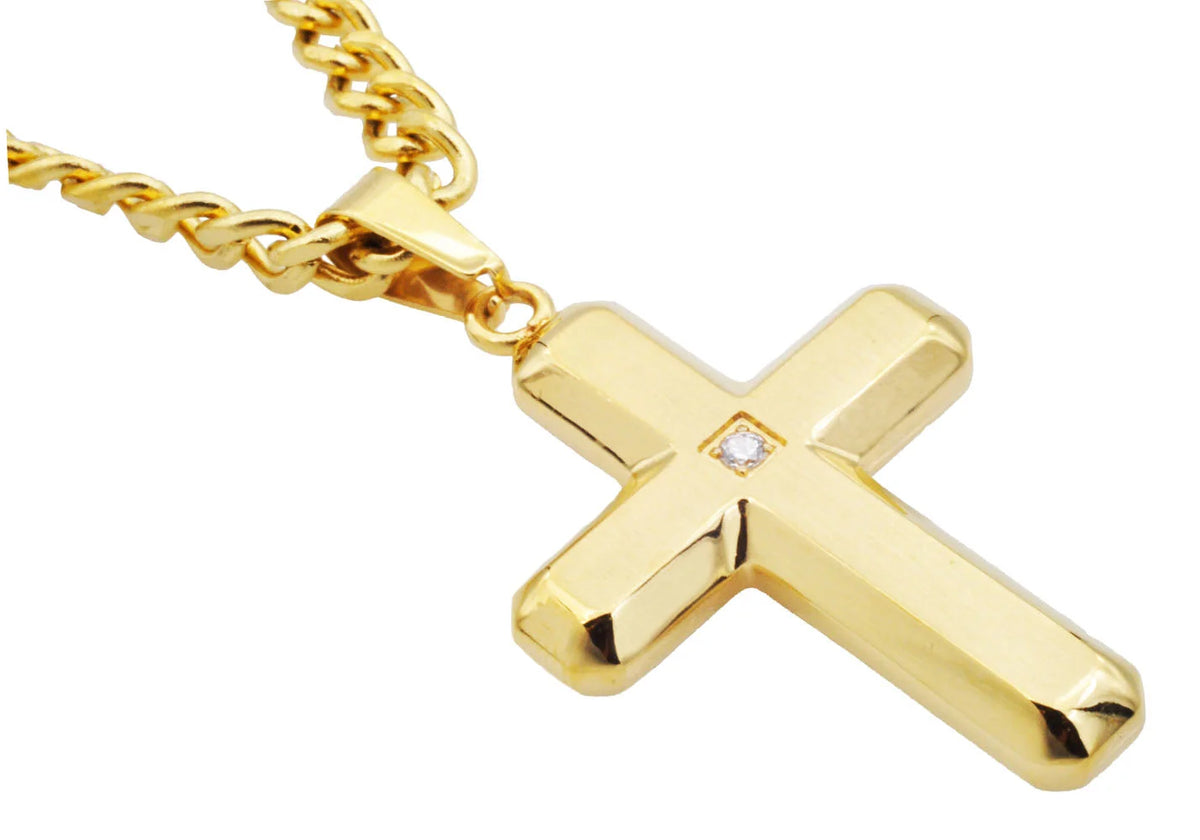 Mens Gold Stainless Steel Cross Pendant Necklace With Cubic Zirconia