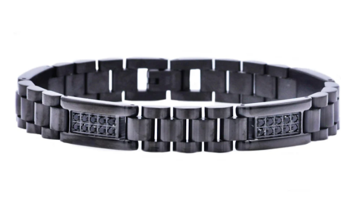 Men's Black Stainless Steel Link w/ Cubic Zirconia