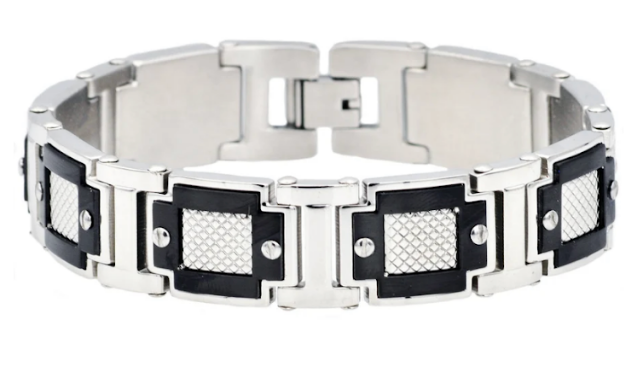 Men's Black and Silver Stainless Steel Duamond Cut Link w/ Screw Accent