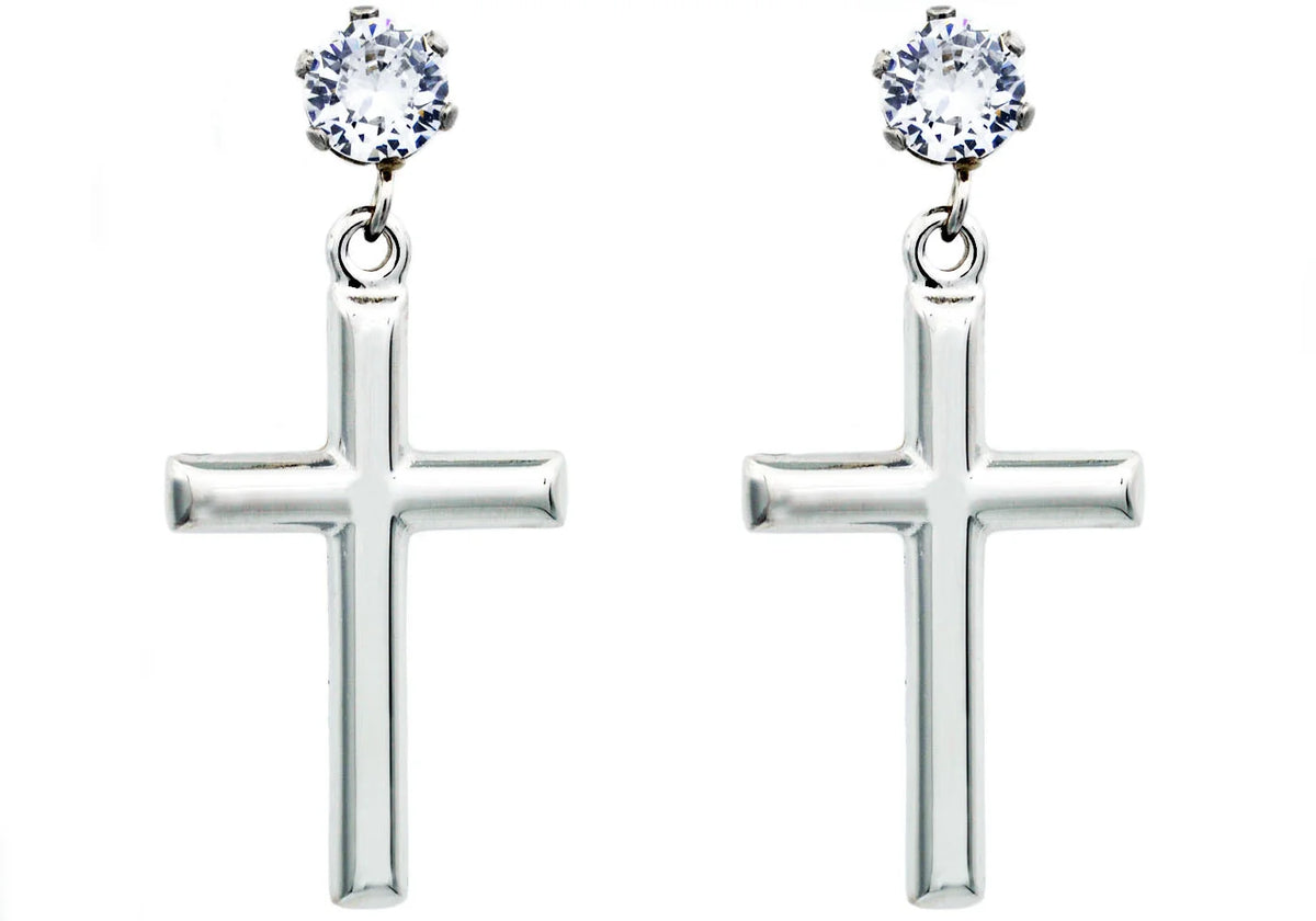 Mens Polished Stainless Steel Cross Earrings with Cubic Zirconia