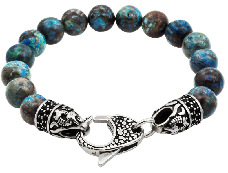 Men's Genuine Green Apatite Stainless Steel Beaded Bracelet w/ Black Cubic Zirconia