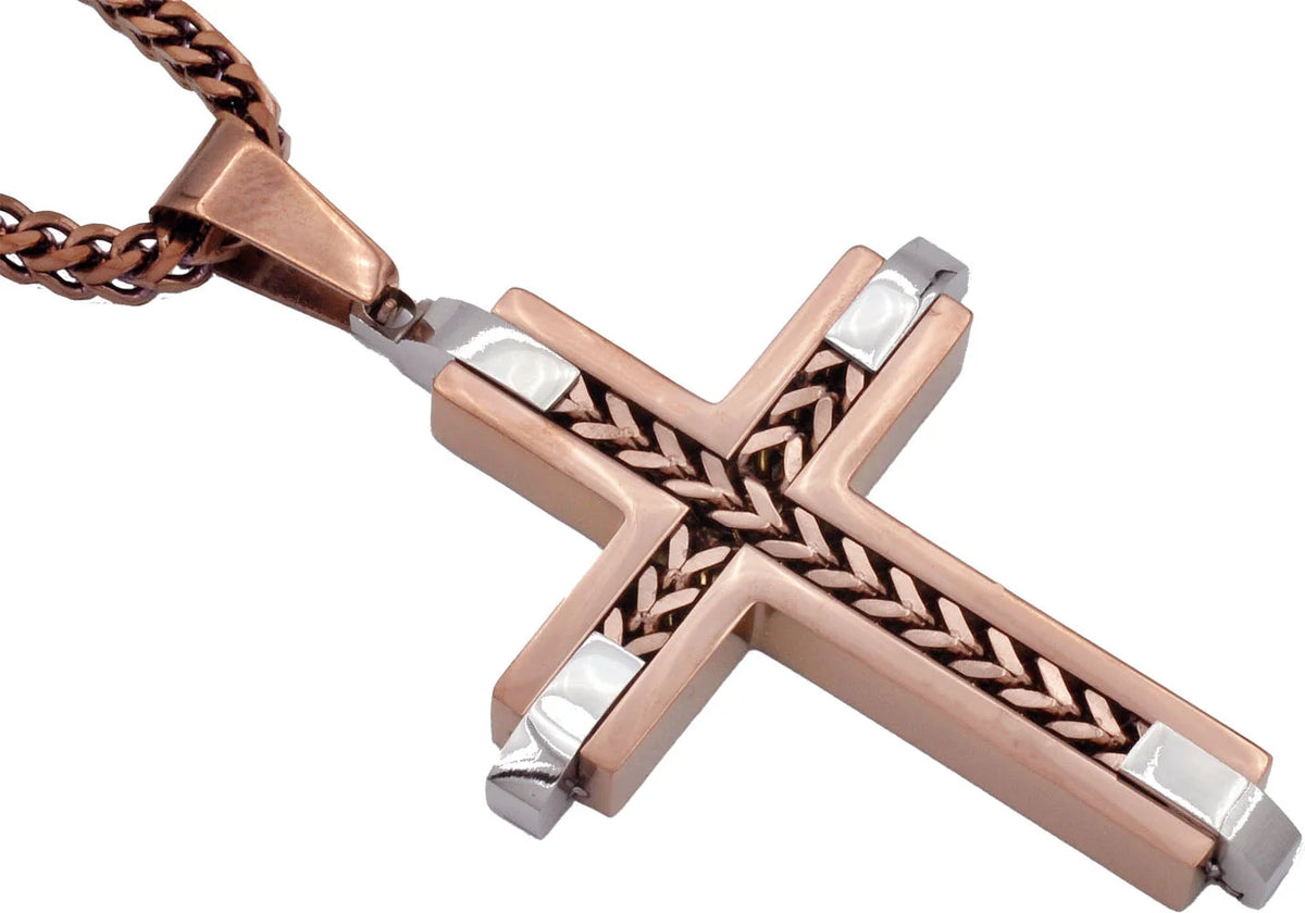 Mens Chocolate Stainless Steel Cross Pendant Necklace With Franco Link Chain Inlay