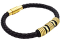 Men's Black Leather Sandblasted Gold Stainless Steel