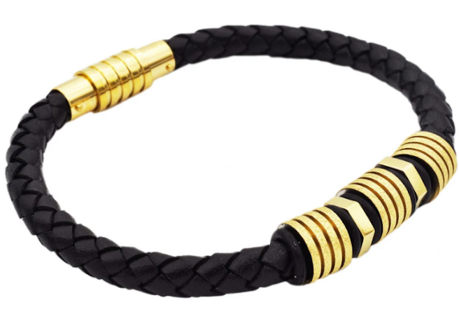 Men's Black Leather Sandblasted Gold Stainless Steel