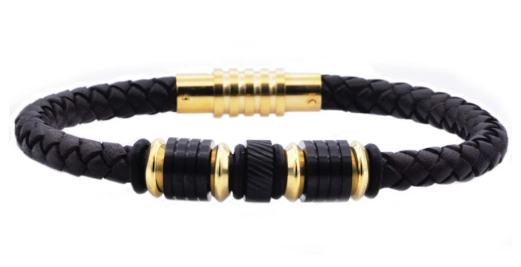 Men's Black Leather Gold Stainless Steel