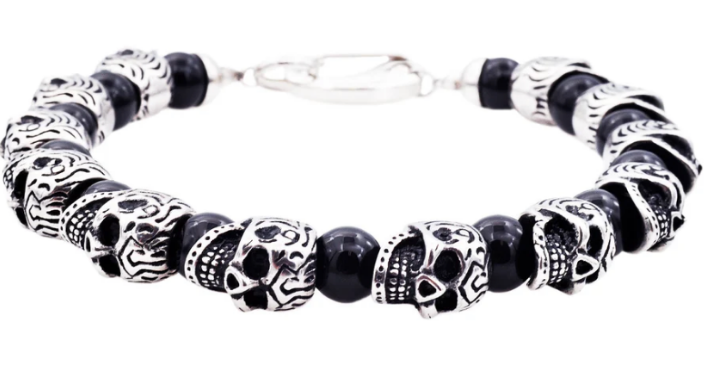 Men's Genuine Onyx Stainless Steel Skull Beaded