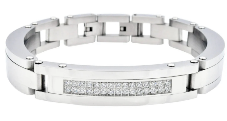 Men's Stainless Steel Link w/ Cubic Zirconia