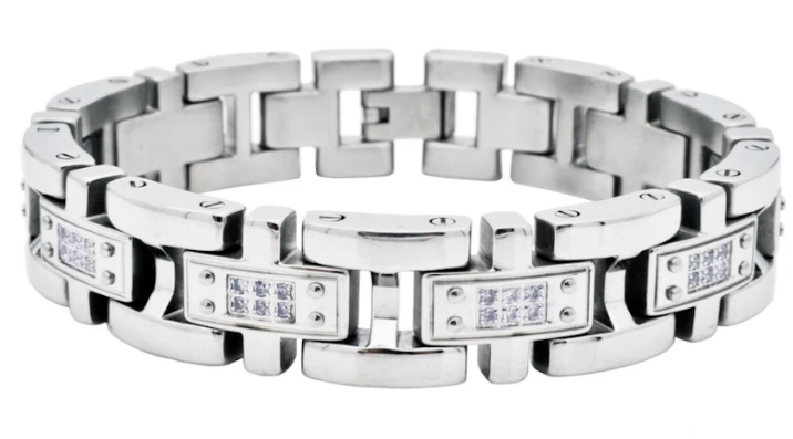 Men's Stainless Steel Link w/ Cubic Zirconia