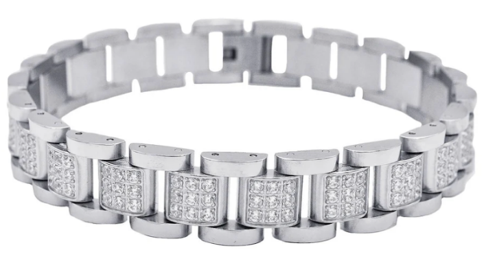Men's Stainless Steel Link w/ Cubic Zirconia