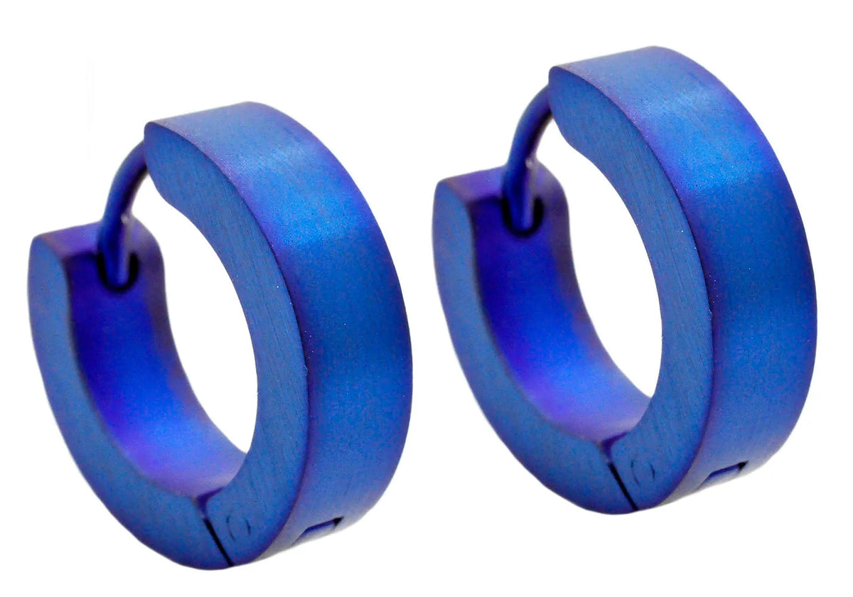 Mens 14mm Blue Plated Stainless Steel Hoop Earrings