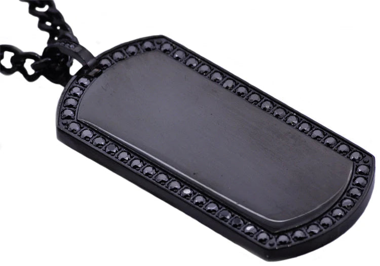Mens Black Plated Stainless Steel Dog Tag Pendant With Black Cubic Zirconia