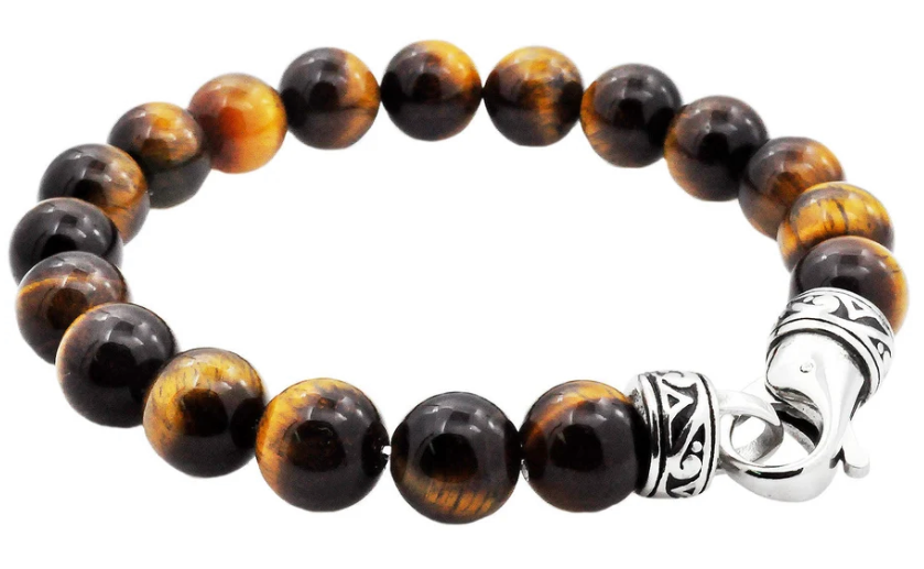 Men's Genuine 10mm Tiger Eye Stainless Steel Beaded