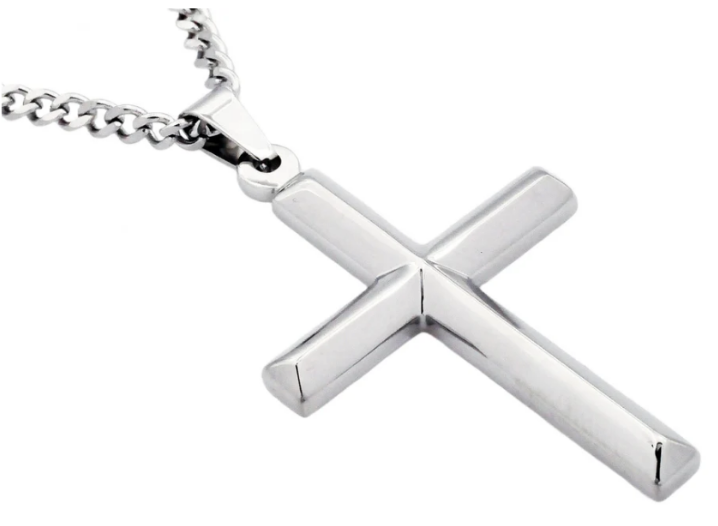 Mens Stainless Steel Cross Pendant With 24" Curb Chain
