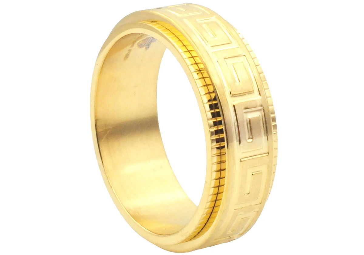 Mens 8mm Gold Stainless Steel Etched Greek Key Spinner Band Ring