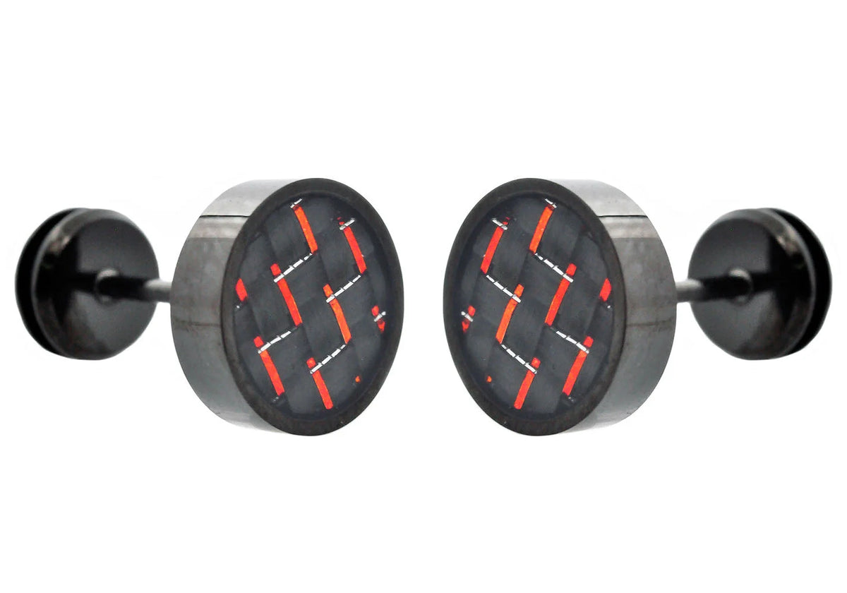 Mens 9mm Black Plated Stainless Steel Earrings With Red Carbon Fiber