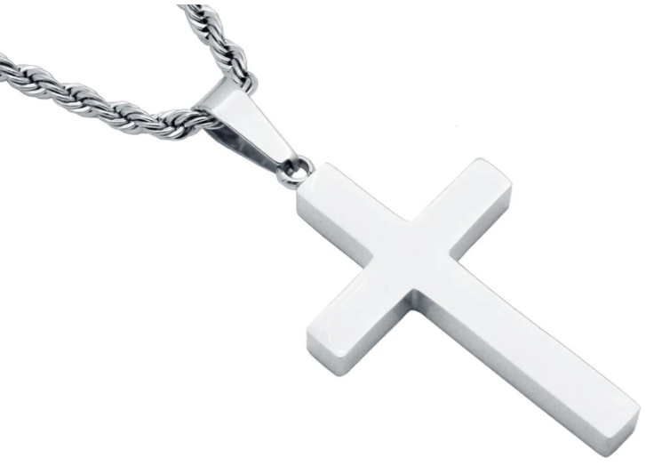 Mens Stainless Steel Cross Pendant With 24" Rope Chain