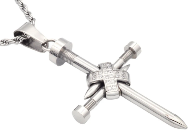 Mens Stainless Steel Nail Cross Pendant With Cubic Zirconia and 24" Rope Chain