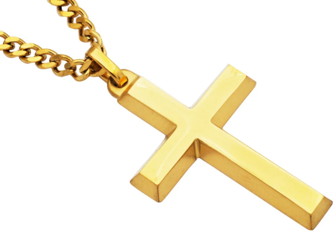Mens Stainless Steel Gold Plated Cross Pendant With 24" Curb Chain