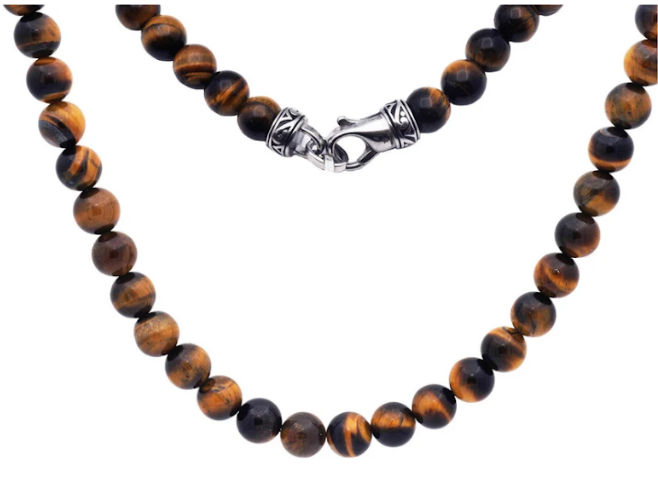Mens Genuine 8mm Tiger Eye Stainless Steel Beaded