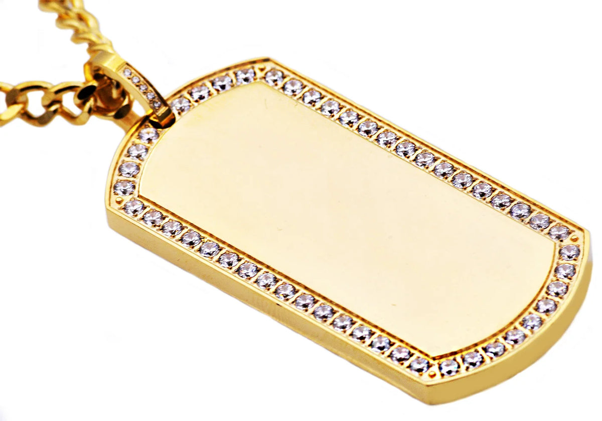 Mens Gold Stainless Steel Dog Tag Pendant With Cubic Zirconia