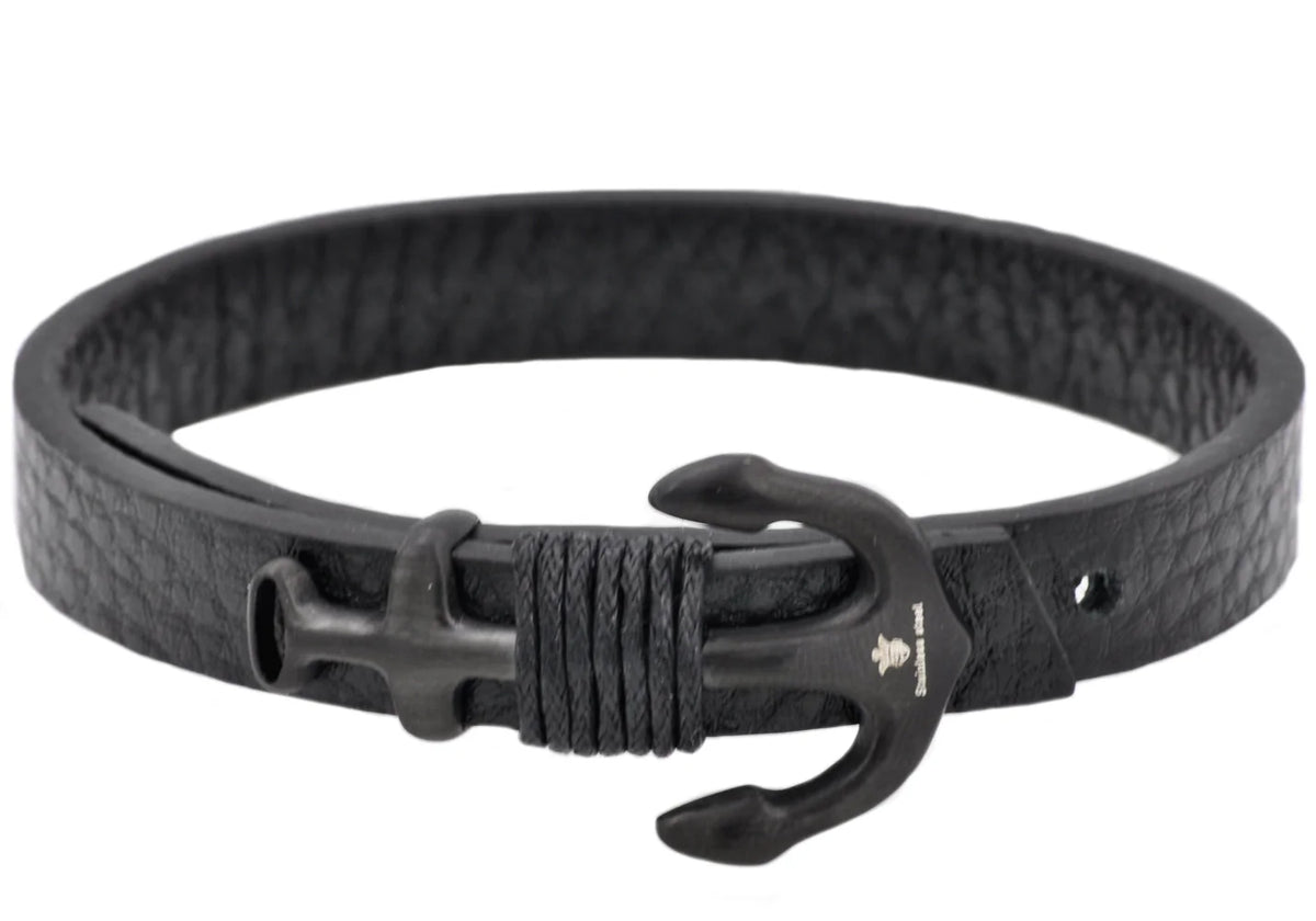 Mens Black Leather Black Stainless Steel Anchor Bracelet With Adjustable Strap
