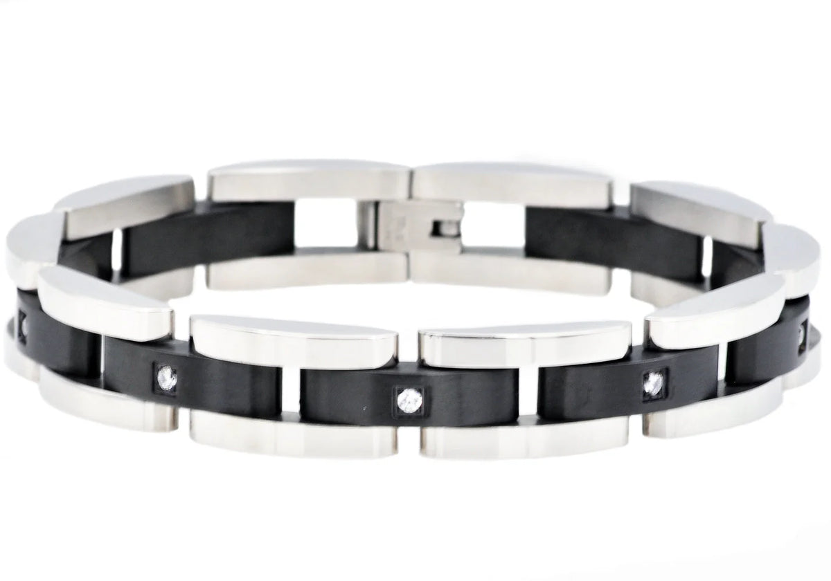Mens Curved Link Two Tone Black Stainless Steel Bracelet With Cubic Zirconia
