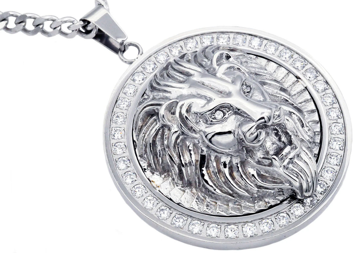 Mens Stainless Steel Lion Pendant With Cubic Zirconia