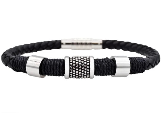 Mens Black Leather Stainless Steel Bracelet