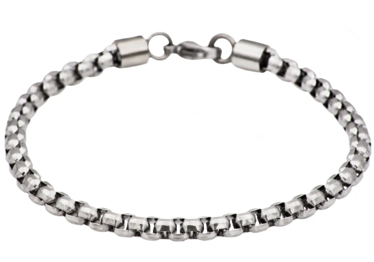 Mens Diamond Cut Stainless Steel Box Rolo Link Bracelet