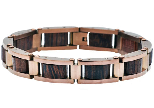 Mens Chocolate Stainless Steel And Wood Bracelet