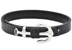Mens Black Leather Stainless Steel Anchor Bracelet With Adjustable Strap