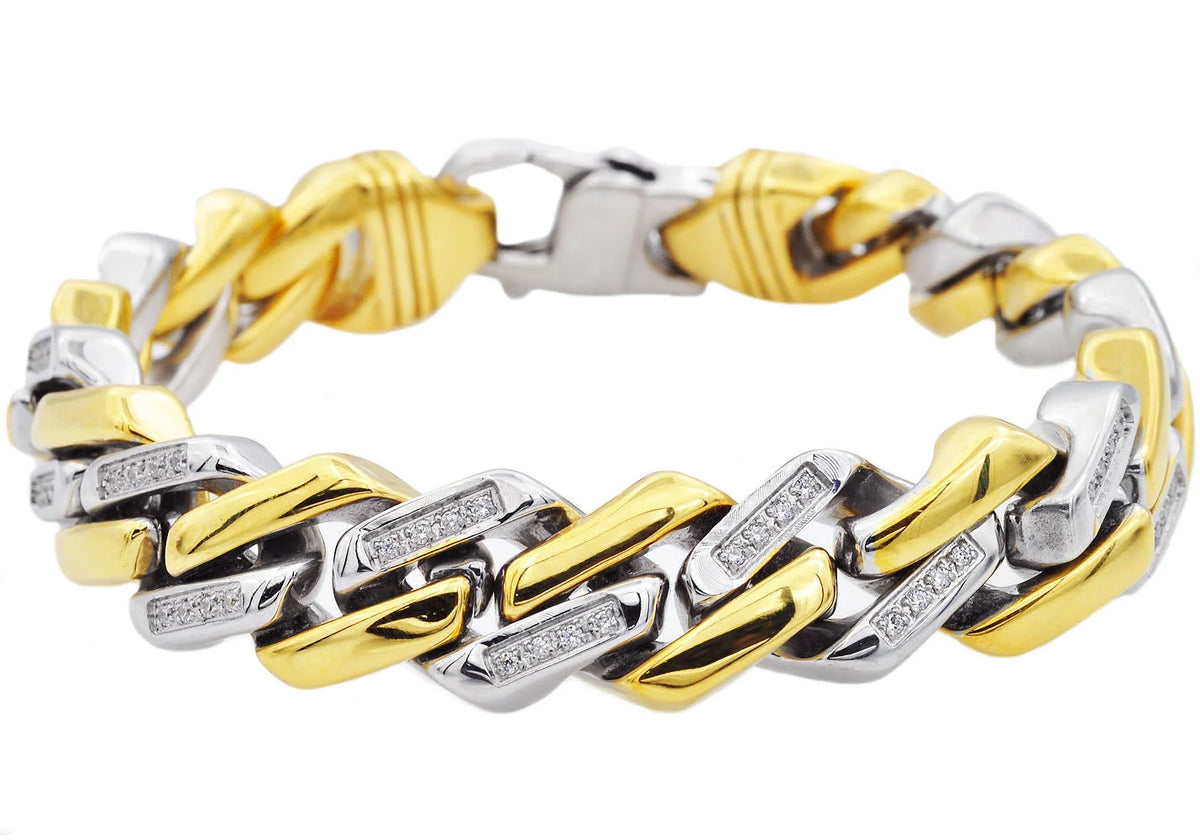 Mens Gold Stainless Steel Bracelet With Cubic Zirconia