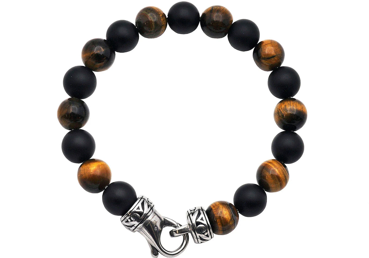 Mens Genuine Malachite and Onyx Stainless Steel Beaded Bracelet