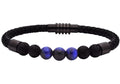Mens Lava Stone Black Leather Stainless Steel Bracelet