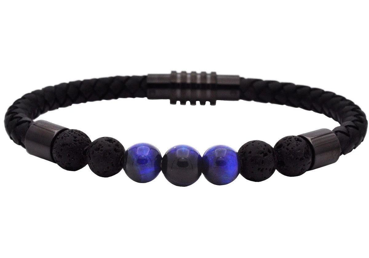 Mens Lava Stone Black Leather Stainless Steel Bracelet