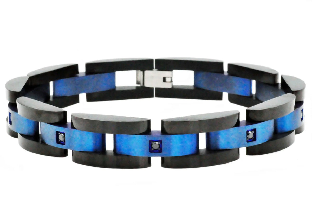 Mens Curved Link Black and Blue Stainless Steel Bracelet With Cubic Zirconia
