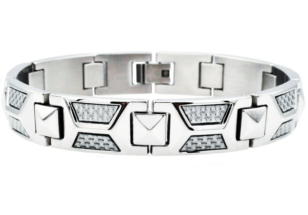 Mens White Carbon Fiber Stainless Steel Bracelet