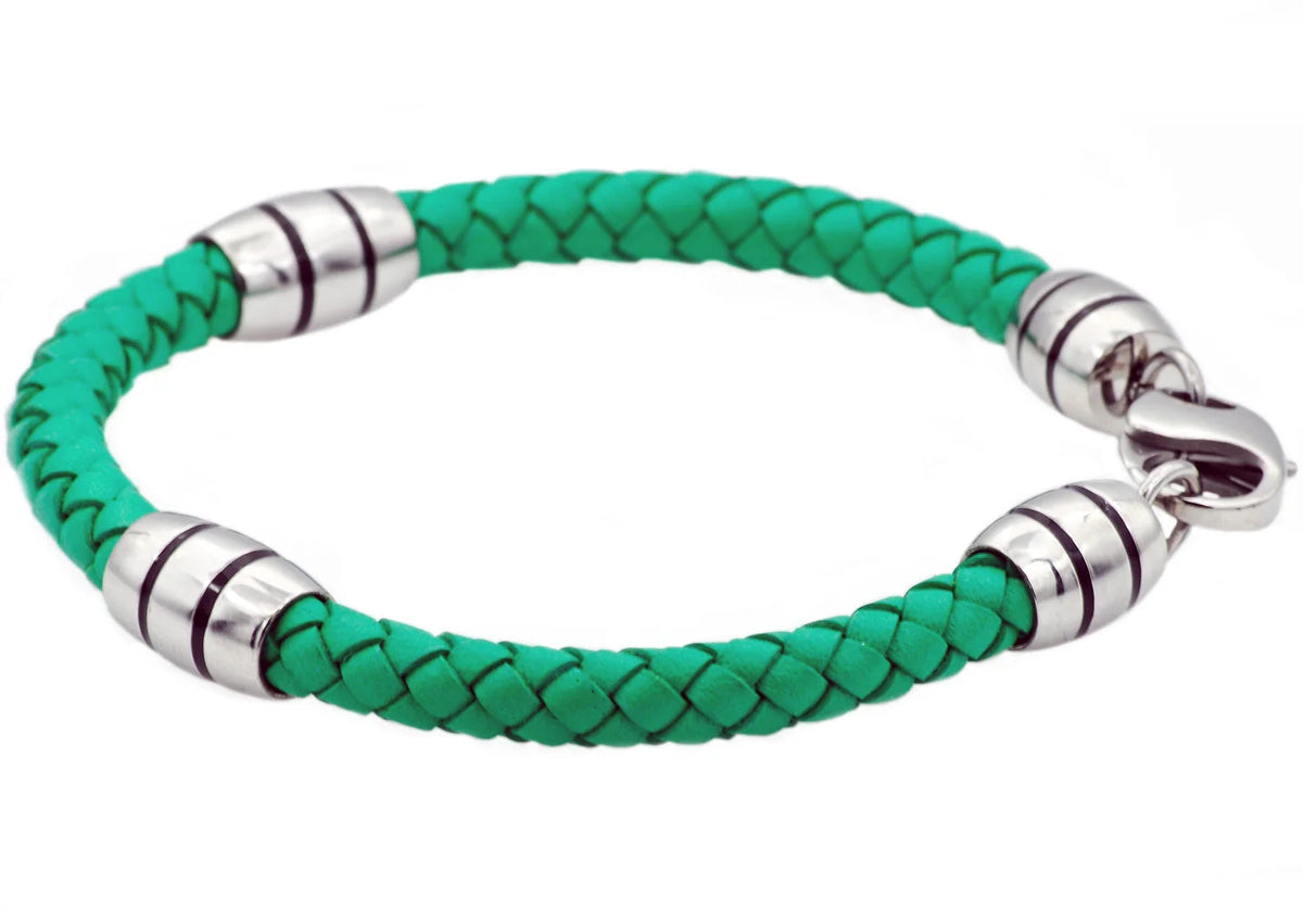 Mens Green Leather Stainless Steel Bracelet