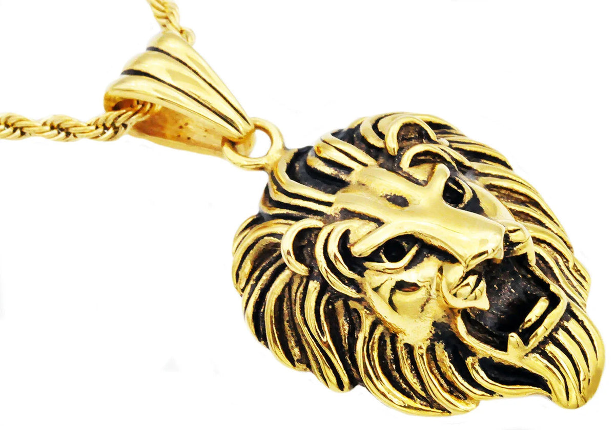 Mens Gold Stainless Steel Lion's Head Pendant